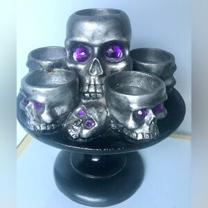 Vintage Black Silver Skull Halloween Candle Holder Purple Rhinestones Eyeballs